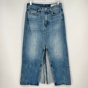 Rag & Bone Clyde Denim Midi Skirt Women 27 Distressed 100% Cotton Frayed Hem USA